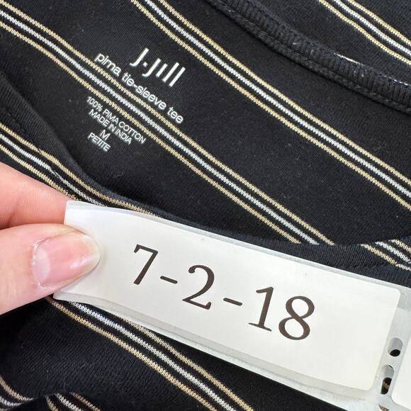 J.Jill‎ Top Womens Medium Petite Black Striped Tie Sleeve Tee Pima Cotton - Picture 3 of 8